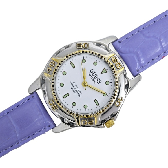 Guess Vintage 1996 Wrist Watch White Dial Genuine Leather Purple Two Tone Unisex - Picture 2 of 10
